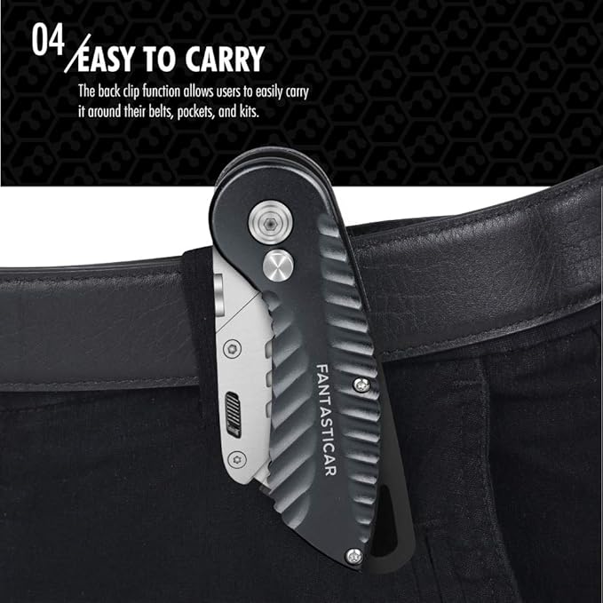 FantastiCAR Folding Utility Knife, Quick Blade Change Box Cutter, Anti-slip Metal Body, with Safety Lock and 5 Extra Blades (Grey)