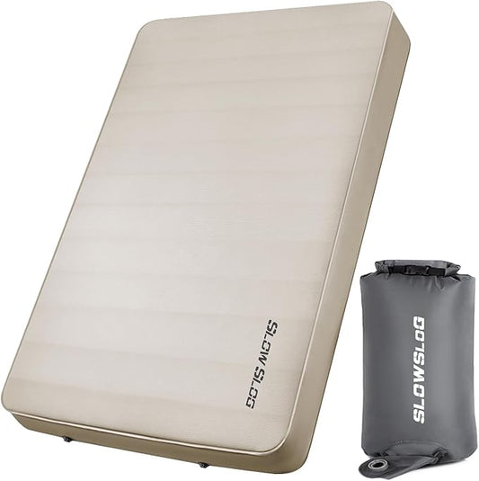 Self-Inflating Camping Mattress Pad 2 Person, 4in Thick Foam Sleeping Pad for Tent Camping, 4-Season Double Sleeping Pad with Pump Sack, Cream