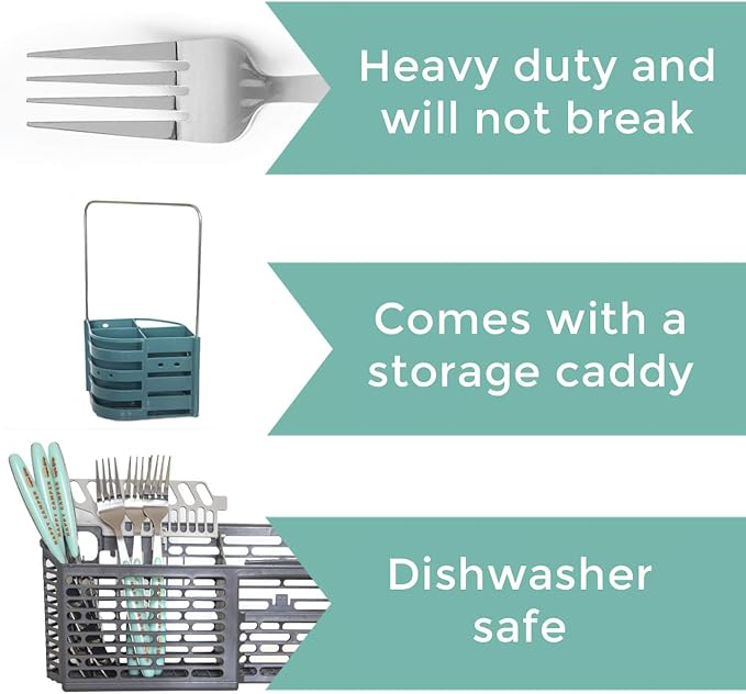 Silverware Flatware Cutlery Set - Stainless Steel 24 Pc Flatware Set With Silverware Caddy Service for 6 | Dishwasher Safe Camping Set Flatware for Travel, Small Spaces and Outdoor Use