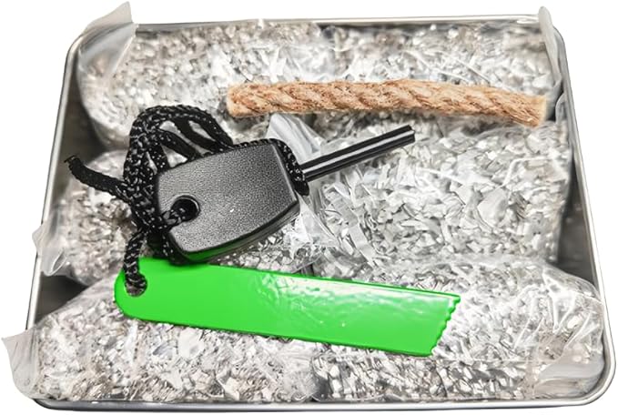 Emergency Fire Starter Magnesium 6 Bags Wax Infused Jute Rope Ferro Rod Striker Saw Wire for Camping Hiking Bushcraft Hurricane + Tin Container