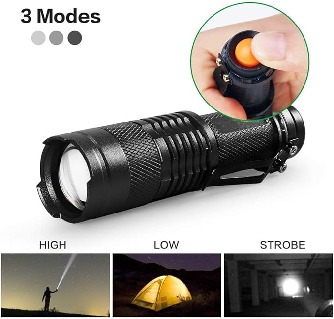 MODOAO 6 Pack Mini Flashlights LED Flashlight 7W 350LM 3 Mode Flashlight Torch Adjustable Focus Zoomable Light,Skid-Proof Design & Waterproof Design (Black)
