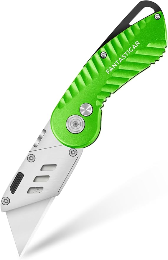 FantastiCAR Folding Utility Knife, Quick Blade Change Box Cutter, Anti-slip Metal Body, with Safety Lock and 5 Extra Blades (Spring Green)