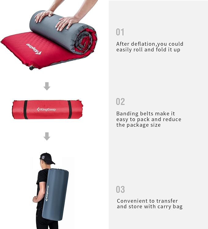 KingCamp Self Inflating Camping Sleeping Pad for Camping, 3.93 Thick Foam Air Mattress Camping Mat for Hiking,Travel, Tent, Red/Charcoal