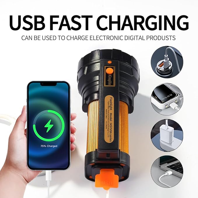Rechargeable Spotlight with 700,000 High Lumen 30H Ultra-Long Standby,IP67 Waterproof Outdoor LED Spotlight Flashlight, 3400mAh Handheld Spotlight USB Charger for Camping Hunting