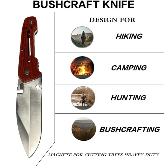 HelloWZXD Bushcraft Knife Full Tang Bush Knife - 0.2’’ Thick Fixed Blade Knife Stainless Steel - 9” Camping Knife w Sheath - Survival Hiking Hunting Camping Knives & Bushcraft Tool, wood
