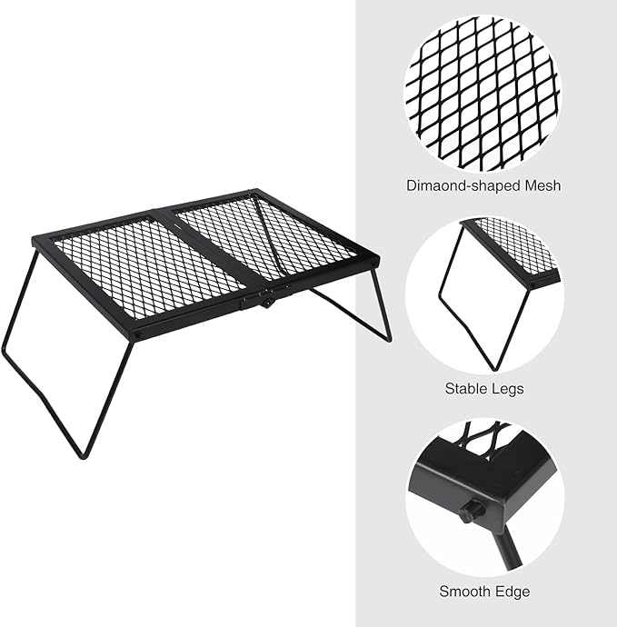 REDCAMP Folding Campfire Grill Heavy Duty Steel Grate, Portable Camp Fire Cooking Rack Over Fire Pit with Carrying Bag for Outdoor BBQ Camping