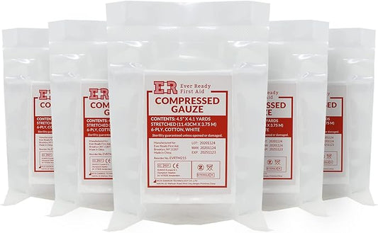 Ever Ready First Aid Compressed Sterile Gauze, 6-Ply Emergency Medical Dressing for First Aid Kits – 4.5” x 4.1 Yards - 5 Pack