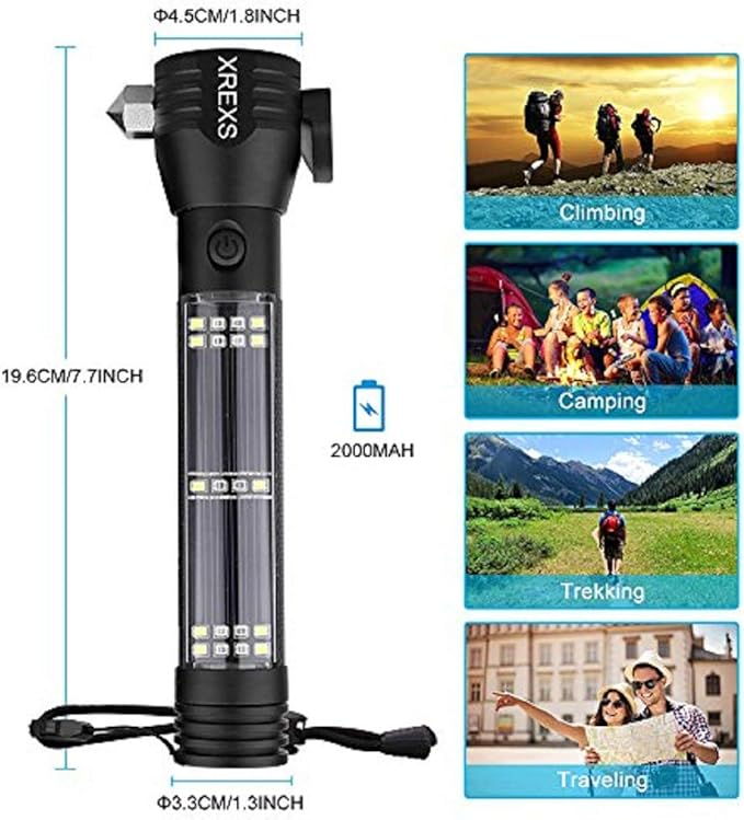 XREXS Solar Powered LED Car Flashlight Multi-Function Solar Escape Rescue Flashlight, USB Charger and Solar Charger, Portable Flashlight for Hiking, Camping, Traveling