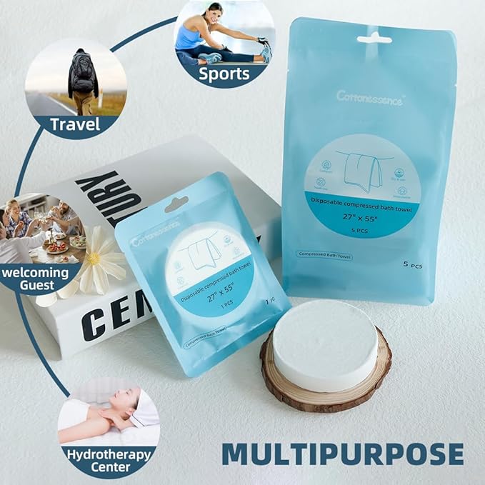 Disposable Compressed Towel,5 Pcs Large Pure Cotton Bath Towels 55 x 27.5 inch,Portable Light and Reusable for Hiking, Camping, Beach, Swimming and Traveling