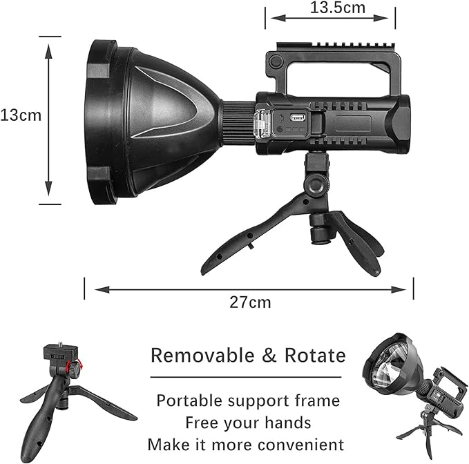 Rechargeable Spotlight Flashlight High Lumens, 900000 Lumens Super Bright Led Searchlight with Tripod and USB Output, IPX5 Waterproof 4 Modes Handheld Spotlight for Camping Emergencies