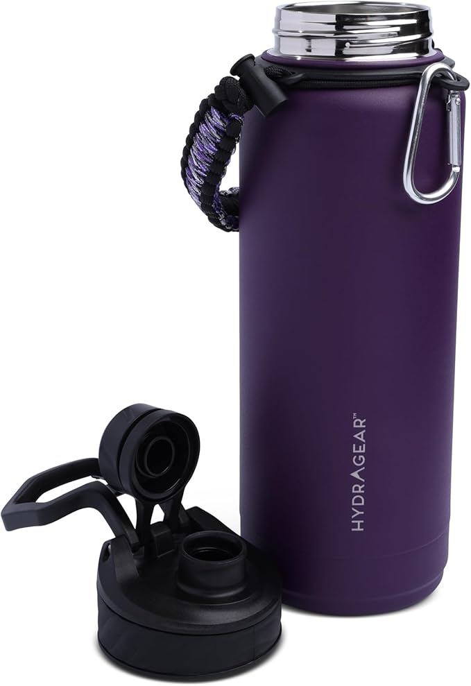 Zenith Chugger Stainless Steel Bottle with Carabiner, Compass, Signal Whistle, and Fire Starter - 40 Oz - Violet Powder Coat
