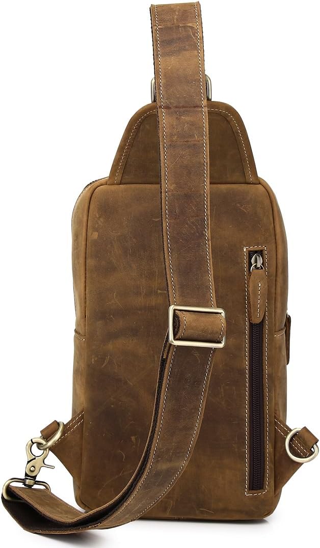 KPYWZER Sling Bag Men Women Vintage Full Grain Genuine Leather Shoulder Backpack Satchel Chest Casual Daypack Crossbody Outdoor Day Pack Backpacks Brown
