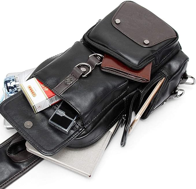Leather Sling Bag Backpack for Men Women Cross Body Shoulder Chest Pack Outdoor Travel Camping Fishing Hunting Hiking Handbag Crossbody Daypack Black
