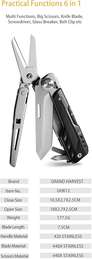 GHK12 Multitool with Detachable Scissors - Essential Every Day Carry Gear for Men