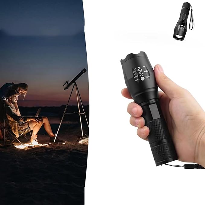 LED Adjustable Focus Flashlight, High Lumens Flash Light, Battery Powered, Portable, Waterproof, Multifunctional, Flashlight for Emergencies, Camping, Travel, Hiking, Car, Home