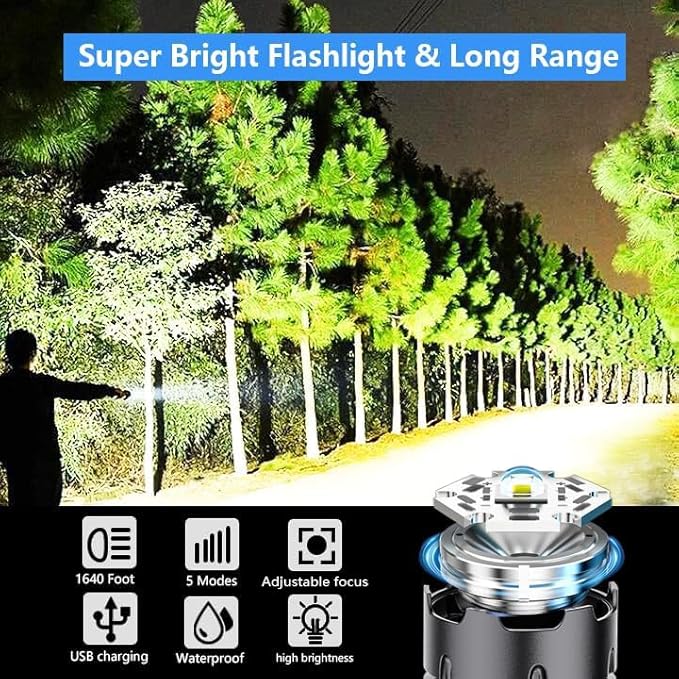 Flashlights High Lumens Rechargeable - 990000 Lumen Led Rechargeable Flashlight with 5 Modes Super Bright Flash Lights USB Powerful Torch Light Waterproof for Home Camping Outdoor