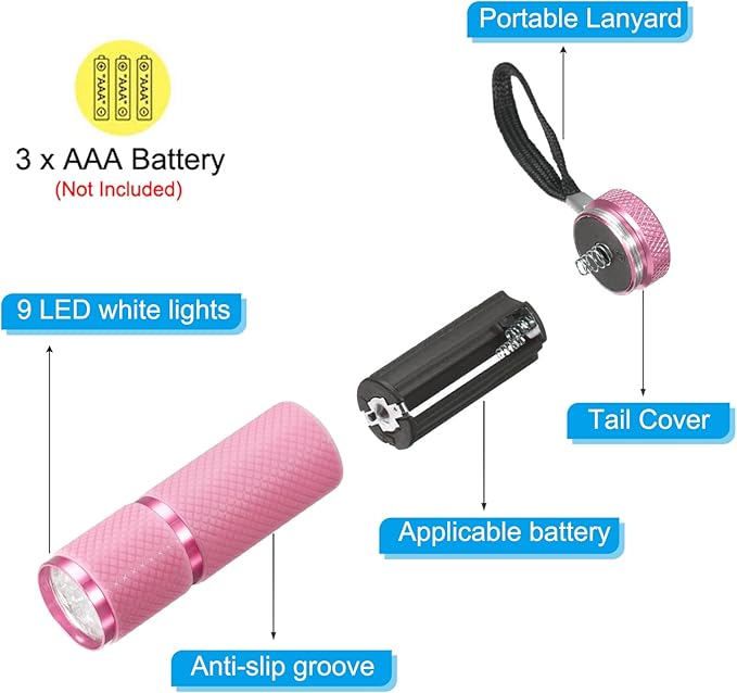 PATIKIL 9 LED Glow in Dark Flashlights, 2 Pcs Mini Aluminum Flashlight Rubber Coated Flashlight with Strap for Camping, Hiking, Party, Pink