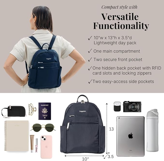 Securtex® Anti-theft Vacation Travel Backpack 10x13" Slash-Resistant Nylon Daypack w/RFID, French Navy