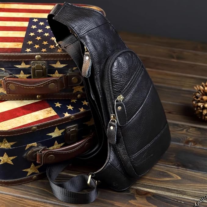 KPYWZER Genuine Leather Sling Backpack for Men Women Crossbody Shoulder Chest Bag Day Pack Outdoor Travel Camping Tactical Daypack Black