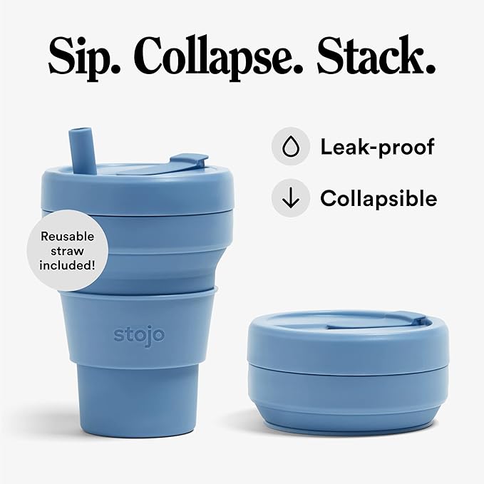 STOJO Collapsible Travel Cup With Straw - Steel Blue, 16oz / 470ml - Reusable To-Go Pocket Size Silicone Bottle for Hot and Cold Drinks - Perfect for Camping and Hiking - Microwave & Dishwasher Safe