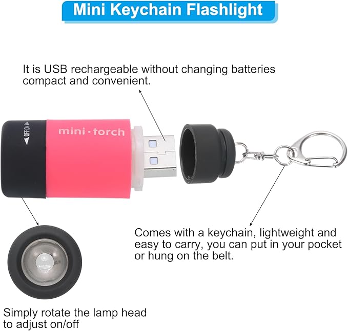PATIKIL Mini Keychain Flashlight, Pocket LED Flashlight Portable Torch USB Rechargeable for Outdoor Camping Party, Pink