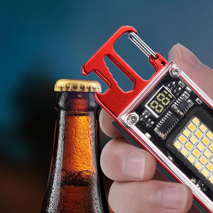 Key Chain Light, LED Small Flashlight, COB Multi-Function Mini Work Light, 1000 Lumens Rechargeable, 8 Lighting Modes with Bottle Opener, Portable Wrench, Fire Starter Function, Red