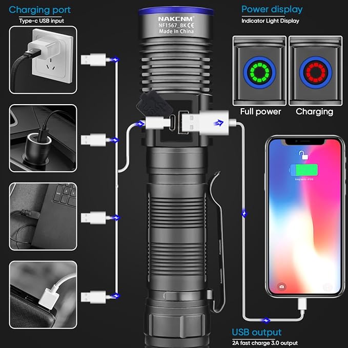 NAKCNM Magnetic Flashlight LED Rechargeable Flashlights High Lumens, 25000lm 4 Modes with Clip&Diffuser, Waterproof Super Bright Flashlights for Home Emergency Camping, Dimmable (Black+Silver)