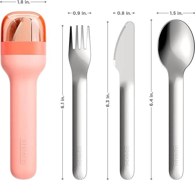 Zoku Pocket Utensil Set, Peach | Stainless Steel Fork, Knife, and Spoon Nest in Hygienic Case | Portable Design for Travel, School, Work, Picnics, Camping and Outdoor Home Use