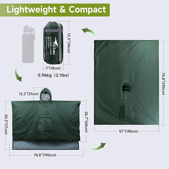 Sleeping Bag for Adult, Wearable Blanket Insulated Poncho Hooded, Sleepingbag Quilt for Winter Camping Hiking Sports