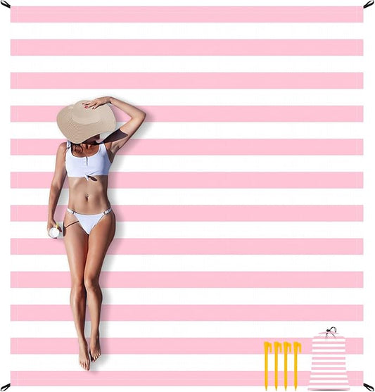 Beach Blanket Sandproof Waterproof, Pink Striped Picnic Blanket Extra Large 9 Ft X 10 Ft for 8 Adults with Stakes and Sand Pocket, Compact Lightweight Sand Free Beach Mat Essential
