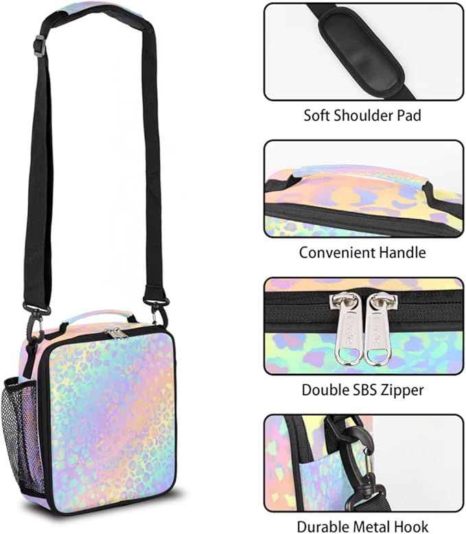 Leopard Print Kids Lunch Bag Rainbow Leopard Skin Insulated Lunch Box Mini Cooler Back to School Thermal Meal Tote Kit Bento Tote Bags Thermal Lunchbox for Boys Girls