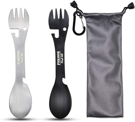 PSKOOK 5-in-1 Utility Tactical Spork, 2-Pack Stainless Steel Spoon & Bottle Opener, Fork & Knife, Can Opener Combo Camping Utensil for Hiking, Camping or Backpacking (Black & Matte Silver)