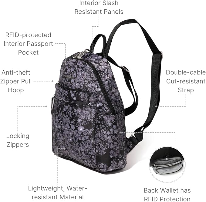 Securtex® Anti-theft Vacation Travel Backpack 10x13" Slash-Resistant Nylon Daypack w/RFID, Black Hydrangea