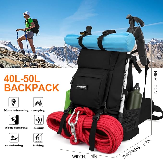 INOXTO 40L Hiking Backpack Camping Backpack with Waterproof Rain Cover for Men Women, Outdoor Sport Travel Daypack with Adjustable Chest and Hip Strap (Black)