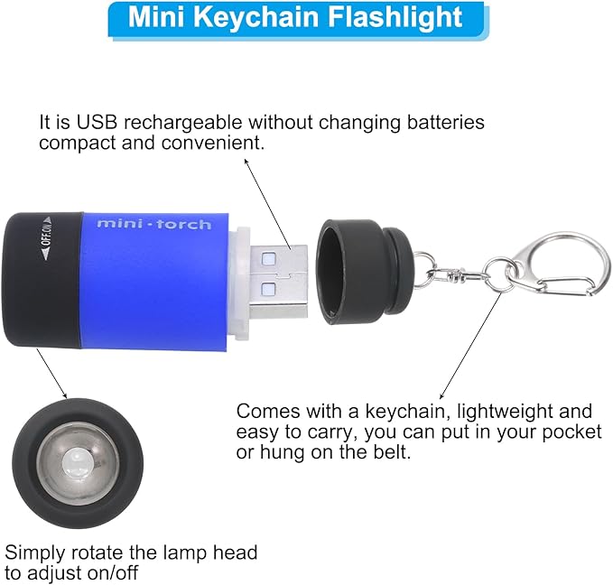PATIKIL Mini Keychain Flashlight, Pocket LED Flashlight Portable Torch USB Rechargeable for Outdoor Camping Party, Dark Blue