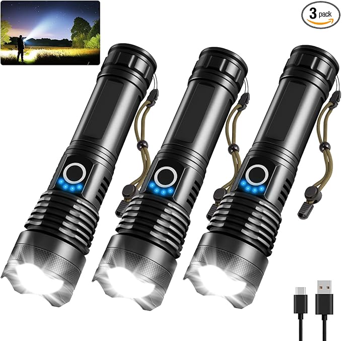 3Pack Rechargeable Flashlights High Lumens, 990000lm Super Bright Flashlight, 5Modes LED Flashlight Rechargeable, Adjustable Tactical Flashlights High Powered, Flash Lights for Emergency Camping Home