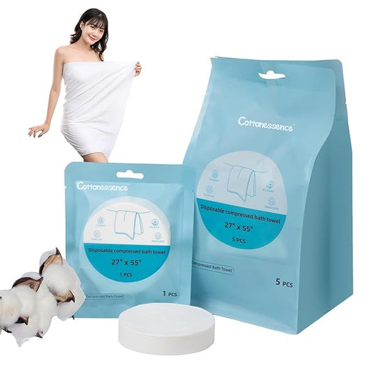 Disposable Compressed Towel,5 Pcs Large Pure Cotton Bath Towels 55 x 27.5 inch,Portable Light and Reusable for Hiking, Camping, Beach, Swimming and Traveling