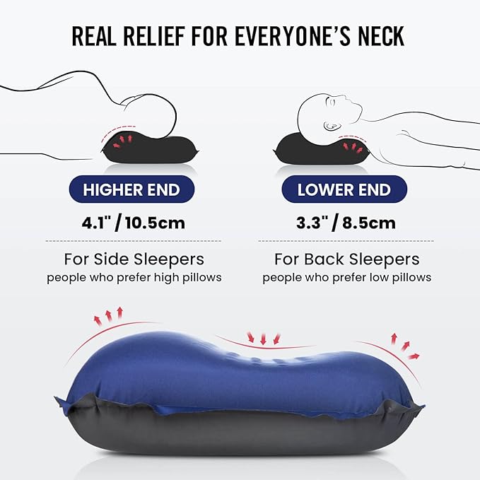 Hikenture Self Inflating Camping Pillow, Foam Travel Pillows for Sleeping, Ergonomic 3D Support Inflatable Pillow, Compressible Blow Up Camp Pillow, Portable Backpacking Pillow, Blue