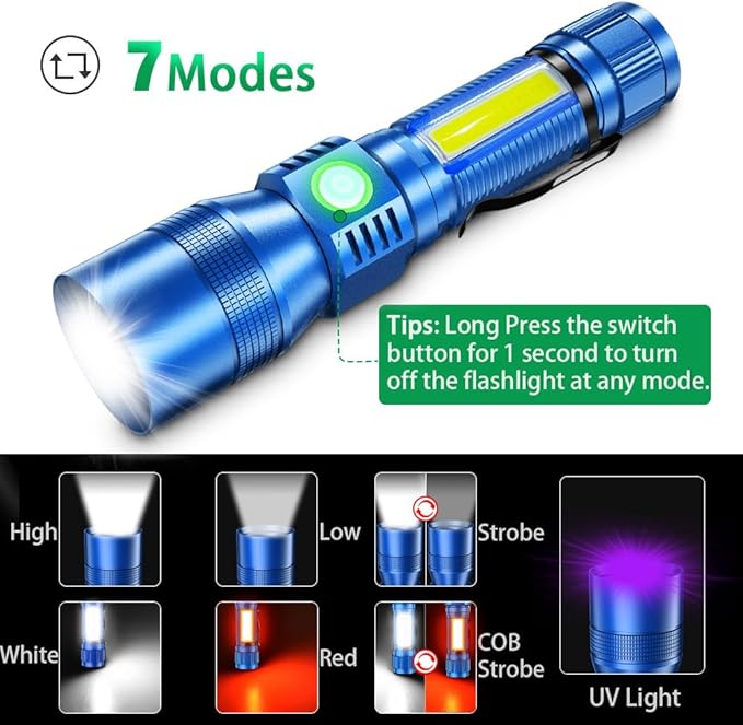 Black Light Flashlight, 3 in-1 Rechargeable Flashlights, UV Light Magnetic LED Flashlight High Lumens, 7 Mode Camping Waterproof Flashlight for Pet Urine Detection (1pack Blue)