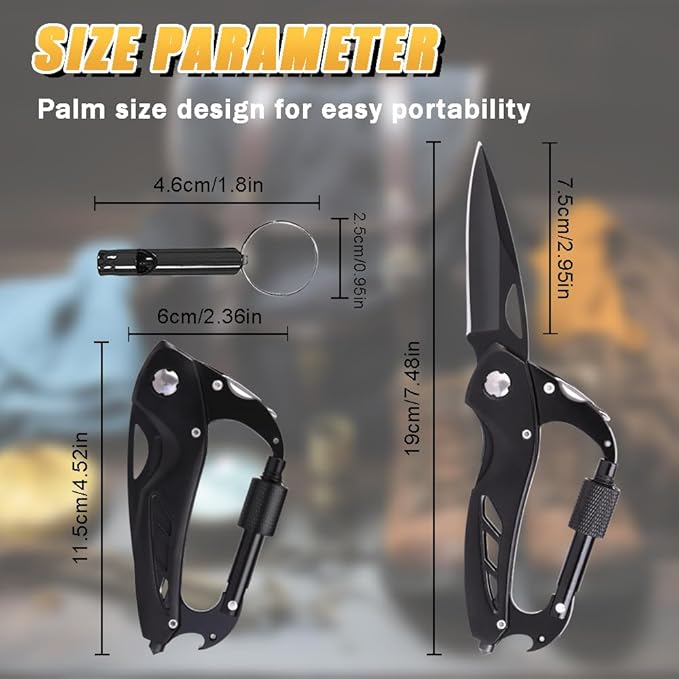 Multitool Carabiner with Pocket Knife, EDC Carabiners Keychain with Folding Knives, Survival Gear for Camping Hiking with a Whistle, Bottle Opener, Window Breaker, Screwdriver, Gifts for Men