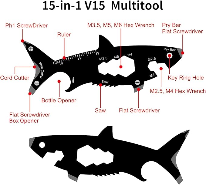 15-in-1 V15 Shark Shape Multitool, EDC Carabiner Camping Gadgets, Key Opener, Keychain Tool No Knife for Kids, Unique Gifts for Everyone Who Wants Nothing. (shark)