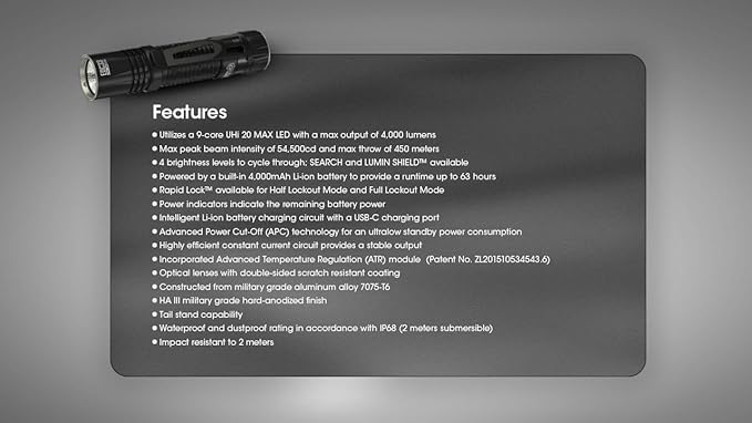 Nitecore EDC33 UHi 20 MAX LED Rechargeable Flashlight - 4000 Lumen w/Eco-Sensa USB Charging Cable
