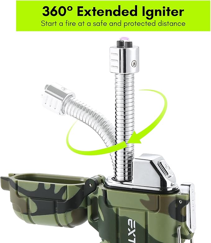 Extremus Blaze 360 Rechargeable Electric Lighters, Dual Arc Lighter, Windproof Plasma Lighter, Waterproof Lighter, Flameless Lighter with Whistle Lanyard for Camping (Army Green Flex)