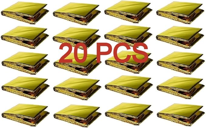 GALAXYLENSE Emergency Mylar Thermal Blanket for Survival First Aid Kits Army Outdoors Hiking Camping Bug Out Trauma Desert All Weather Condition Protection (20 Packs Gold)