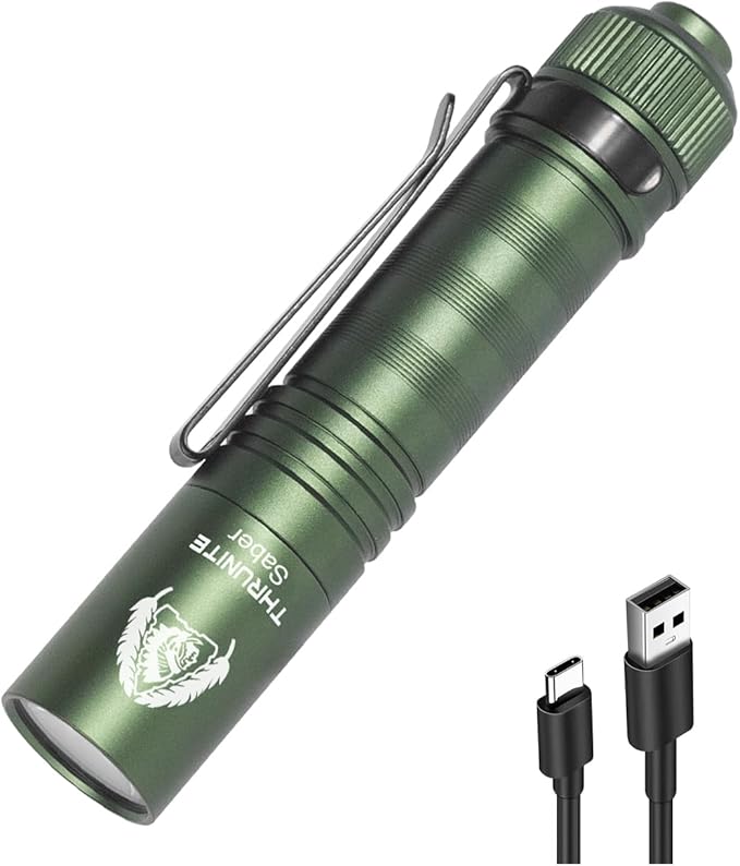 ThruNite BSS Saber EDC Flashlight Customized Black Scout Survival Edition Max 1015 Lumens USB-C Rechargeable Mini LED Handheld AA Flashlights, Green Cool White