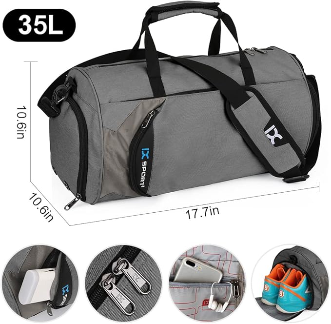 INOXTO Small Sports Gym Bag,Travel Duffel Bag with Dry Wet Pocket and Shoes Compartment for Women and Men,35L Waterproof Weekender Fitness bag For Swim Sports Travel Working Out (dark grey 2)