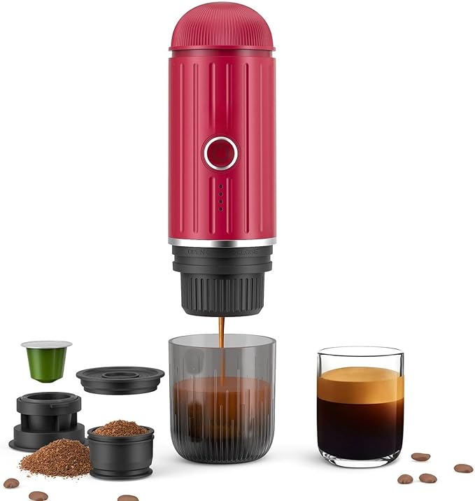 Portable Espresso Machine with 3-4 Min Self-heating, 12V Rechargeable Electric Coffee Machine 19 Bar Compatible with NS Capsules and Ground Coffee (Red)