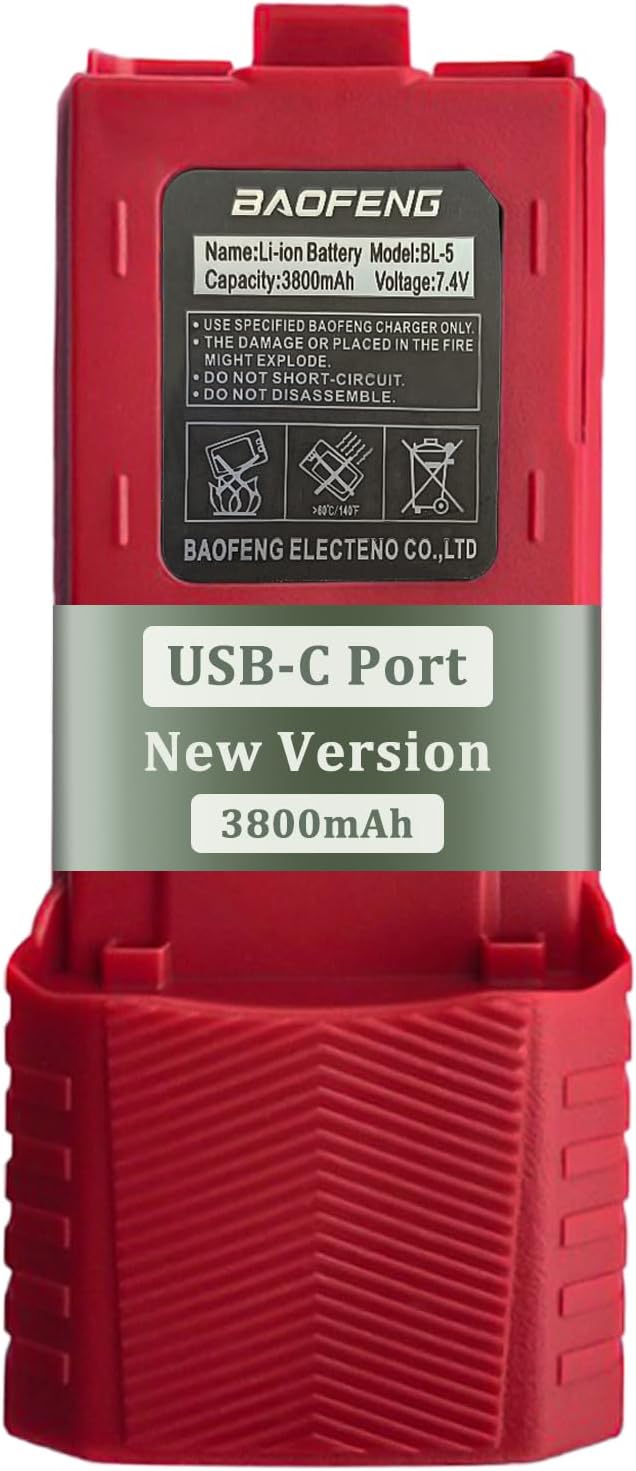 BAOFENG UV-5R Radio Battery Extended 3800mAh USB-C Charging Red Replacement for BF-F8HP New Version for BF-F8 Rechargeable Bl-5 Two Way Radio Battery