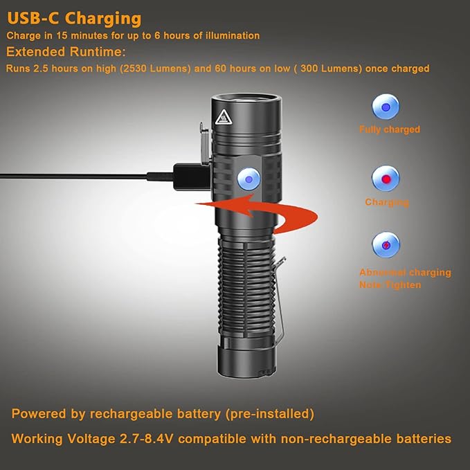 E37 USB C Rechargeable LED Handheld Flashlights, 2530 Lumens - Ultra-Compact and Super Bright for Daily Carry, Work, Camping, Hiking - Ideal for Emergency and Law Enforcement Use