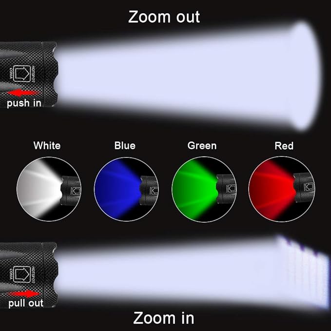 4 Colored Flashlight with RGB Lights, Rechargeable Battery, Charger, Bracelet, High Lumen Zoomable Emergency Torch Multipurpose for Kids Camping Hunting Fishing Hiking Gear